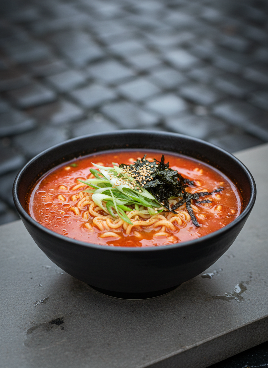 A single, perfectly composed bowl of spicy Korean noodle soup placed on a smooth stone slab, the red broth shimmering with tiny droplets of chili oil, springy noodles peeking through, and carefully arranged toppings of sliced green onions, seaweed, and sesame seeds. The bowl is a matte charcoal ceramic with a slightly irregular rim, giving it an artisanal feel. Cool, diffused overcast light from the right creates soft reflections on the broth and gentle shadows under the bowl. The background fades into a dark, slightly blurred texture resembling wet pavement, evoking a city alleyway after rain. Photographic realism, shot at eye level with a shallow depth of field, creating a bold yet comforting atmosphere of a surprise 맛집 discovered down a side street.