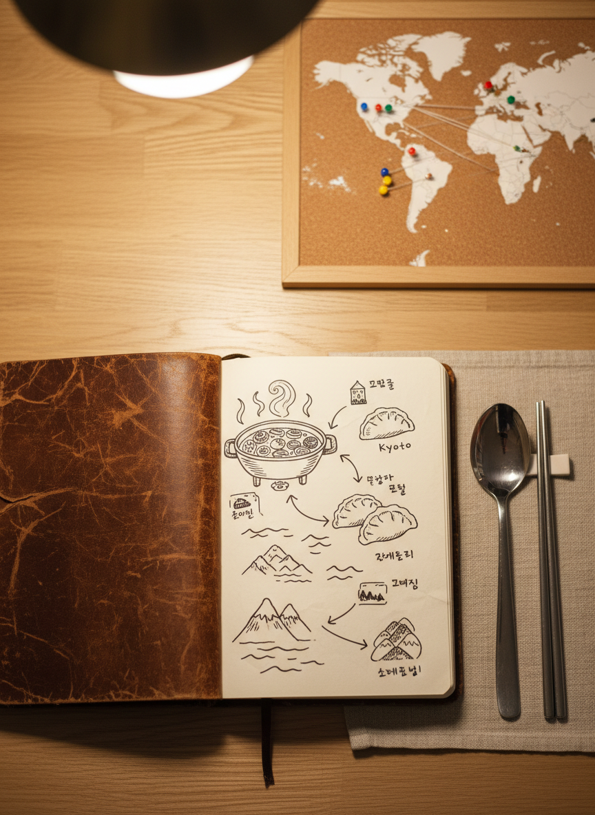 A close-up of a well-worn, leather-bound food journal opened on a light oak table, pages filled with neatly drawn doodles of steaming hotpots, stacked dumplings, and tiny mountain and river icons connecting each food memory. Beside it, a glossy stainless steel spoon and polished metal chopsticks rest on a simple linen placemat. Warm pendant lighting from above casts a cozy glow, highlighting the texture of the paper and the subtle sheen of the metal. In the softly blurred background, a small map with pinned locations hints at faraway 맛집. Photographic realism, shot from a top-down angle with crisp focus on the journal, capturing a playful, adventurous mood of documenting every delicious find.