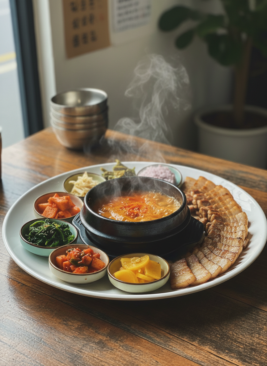 A glossy, oversized white ceramic plate at the center of a rustic wooden table, filled with a colorful spread of Korean dishes: bubbling golden kimchi jjigae in a black stone pot, neatly fanned slices of grilled pork belly with a glistening char, and vibrant banchan in tiny bowls. Soft afternoon light from an unseen window washes in from the left, creating gentle highlights on the lacquered surfaces and subtle shadows between dishes. The background is softly blurred, hinting at stacked enamel bowls and handwritten menu notes. Photographic realism, shot from a slightly elevated angle with a shallow depth of field, conveying a playful, inviting mood that feels like discovering a hidden 맛집 after a long search.